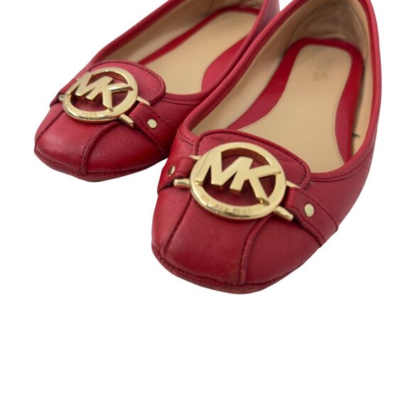 Michael Kors Women Red Leather Gold Logo Slip On Flats Shoes Size 6 - Picture 3 of 14